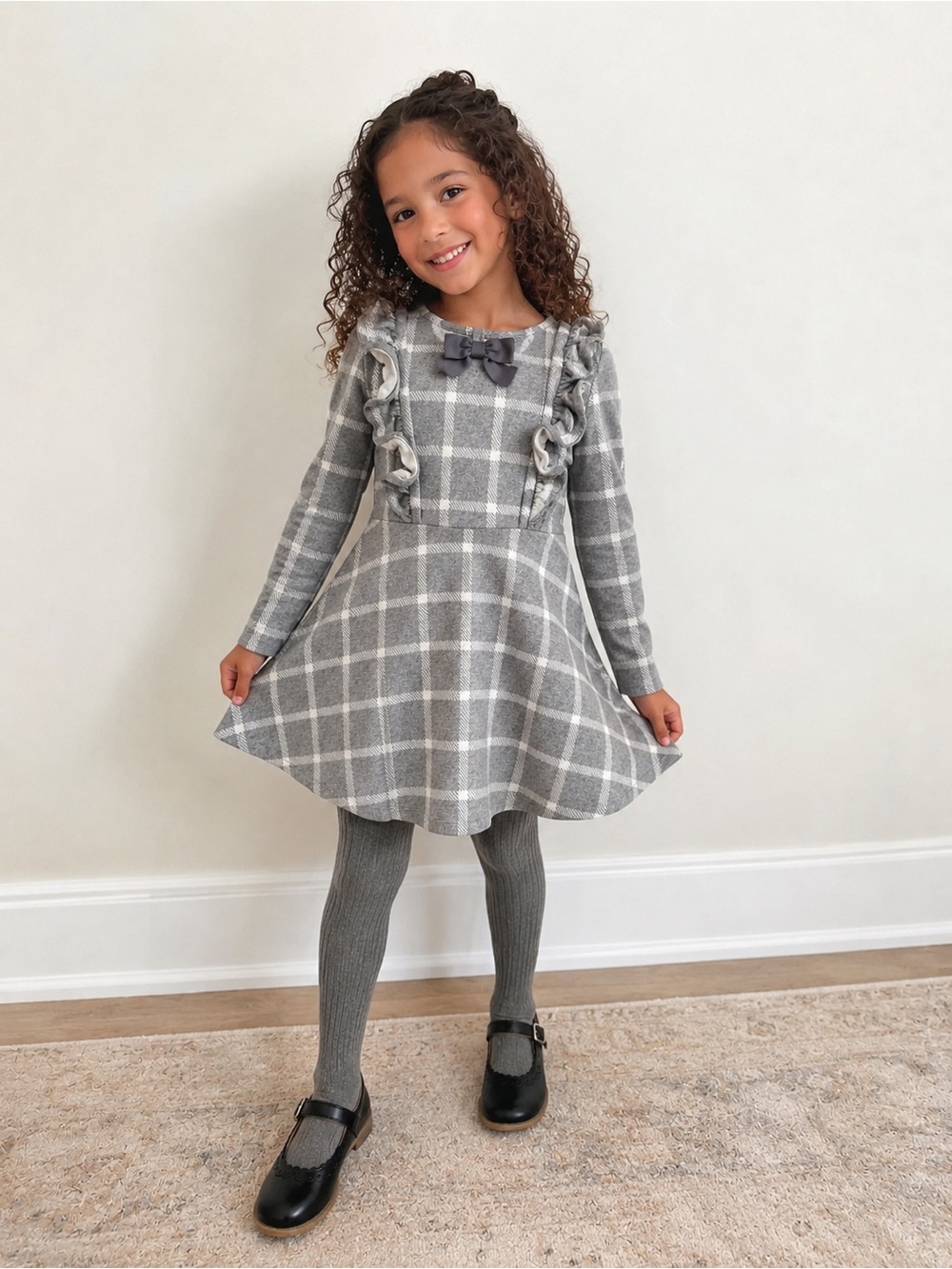 Janie and Jack Girls Charcoal Plaid Ruffle Dress Gray Size 7